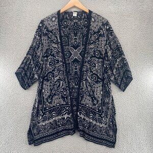 Bila Top Womens Medium Large Black Pattern Gauzy Open Kimono Short Sleeve Casual